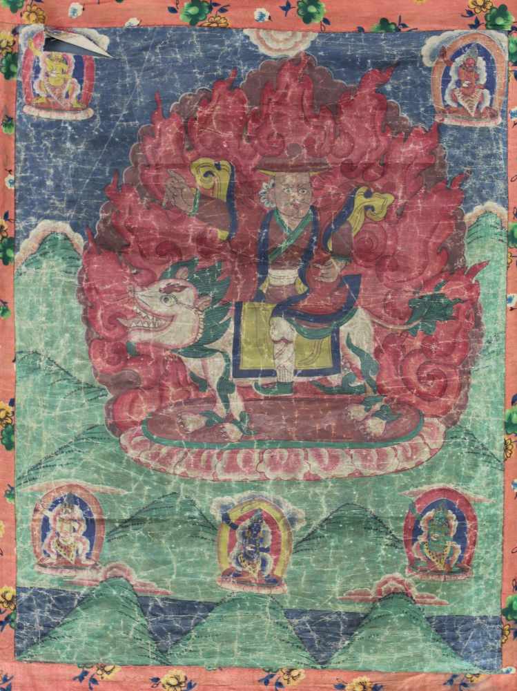 Thangka, China / Tibet alt. Lamaistische Schutzgottheit vor Flammenaureole.70 cm x 54 cm ohne - Image 6 of 13