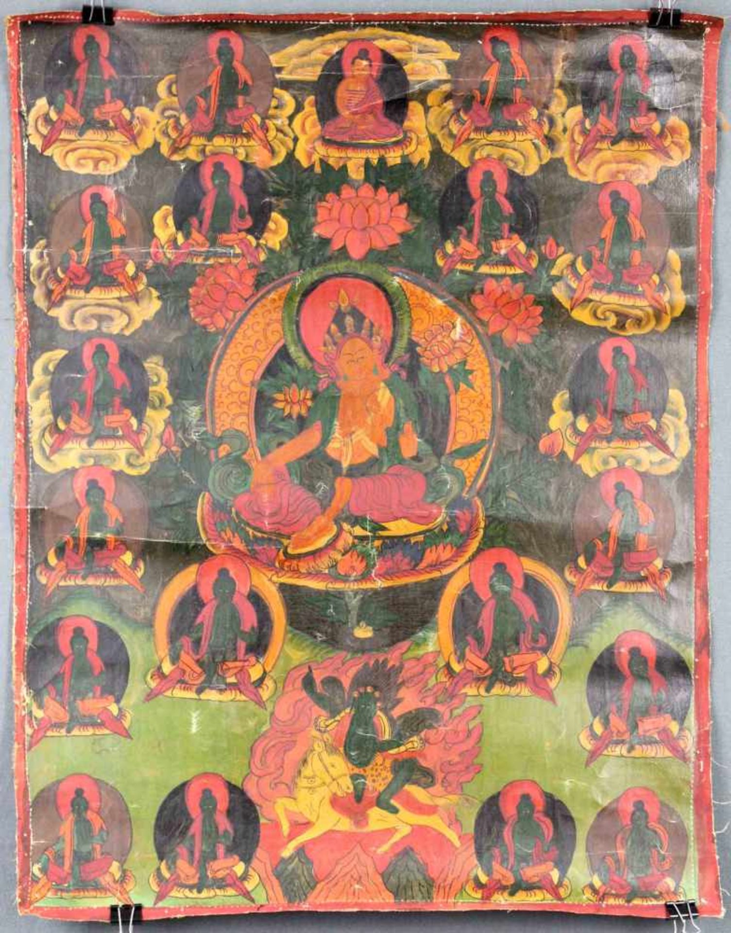Tara auf Lotusthron. Thangka, China / Tibet alt.58 cm x 44,5 cm. Gemälde. Dargestellt, wie bei der
