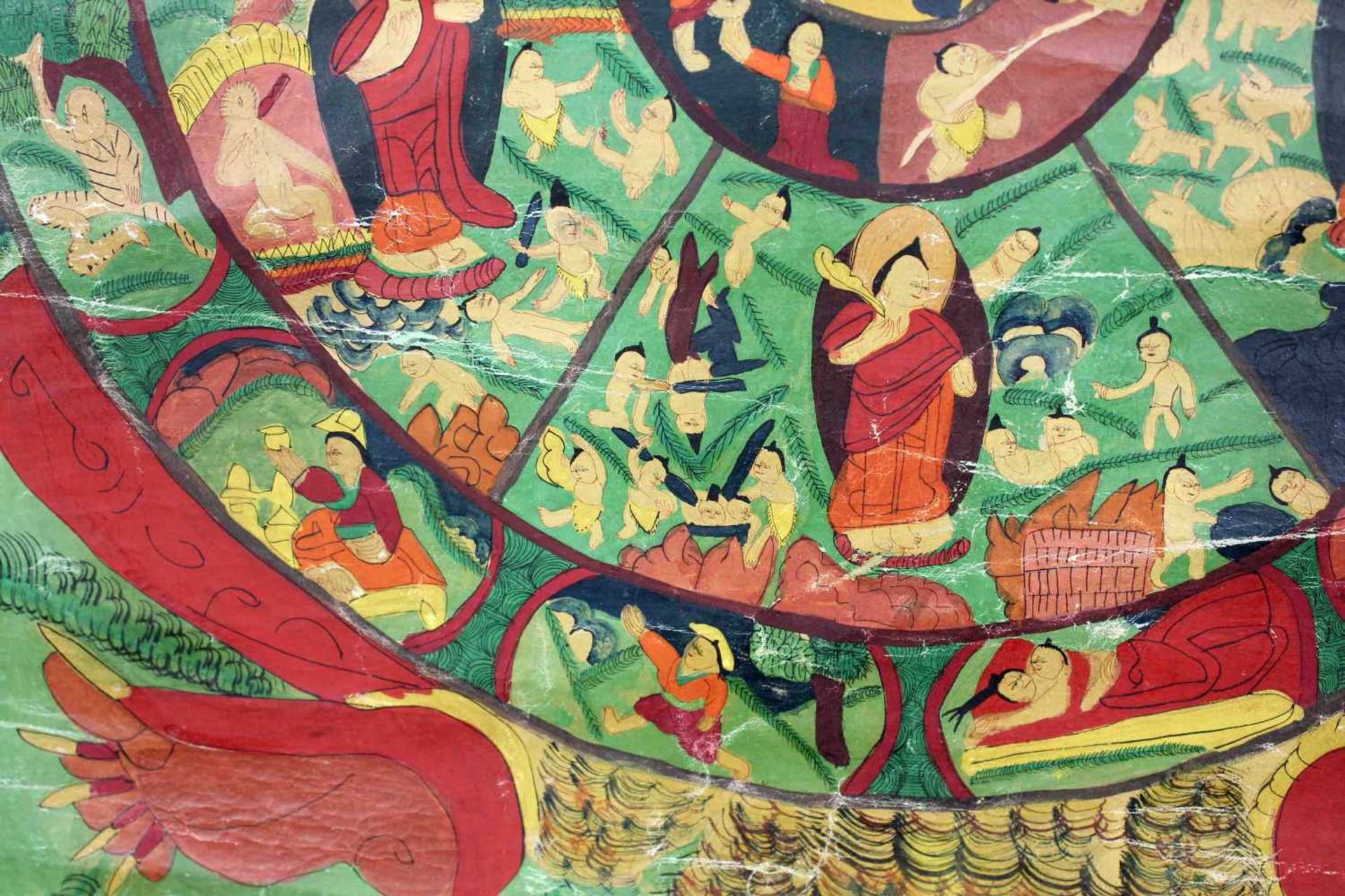 Bhavacakra Mandala, China / Tibet alt.64 cm x 48,5 cm. Gemälde. Lebensrad Mandala mit 6 Buddhas. - Image 9 of 11
