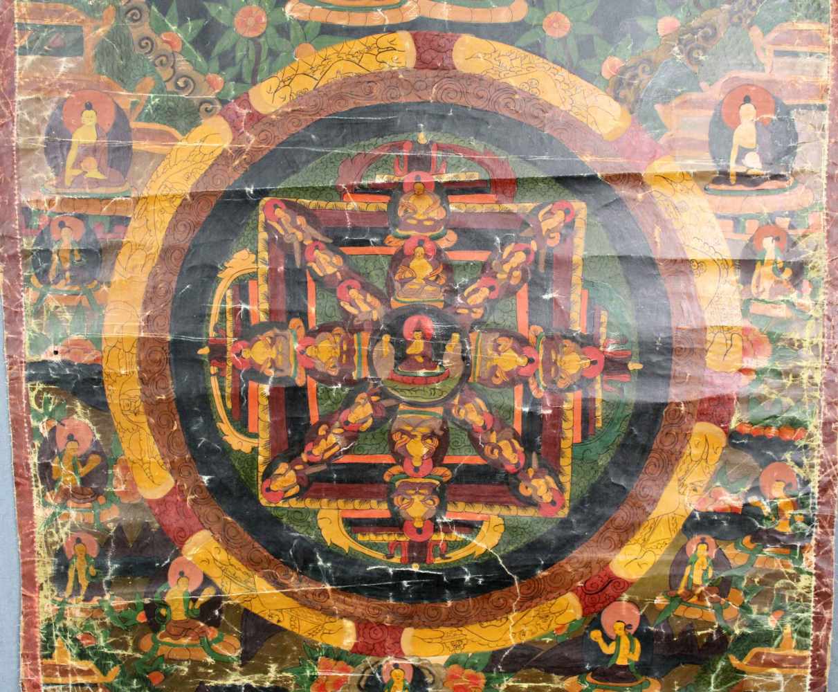 Mandala, China / Tibet alt. Die 3 Architekturkreise mit Aufrissbestandteilen.79 cm x 56 cm. Gemälde. - Image 4 of 9