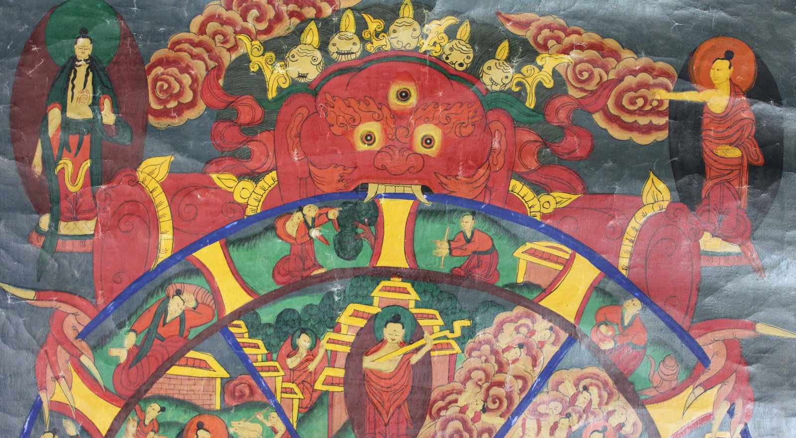 Bhavachakra / 6 Buddha Mandala, China / Tibet alt.64,5 cm x 48 cm. Gemälde. Lebensrad Mandala mit - Image 2 of 4