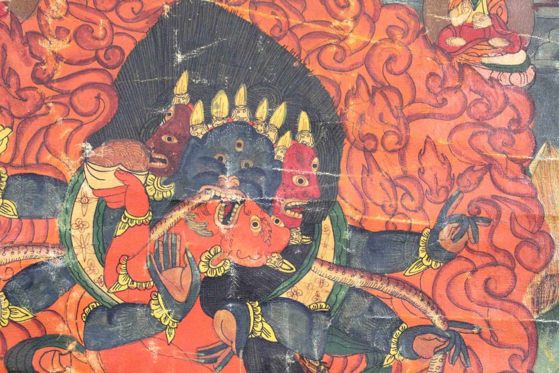 Thangka, China / Tibet alt. Wohl 6- armiger Mahakala.61,5 cm x 47 cm. Gemälde. Der Mahakala - Image 6 of 9
