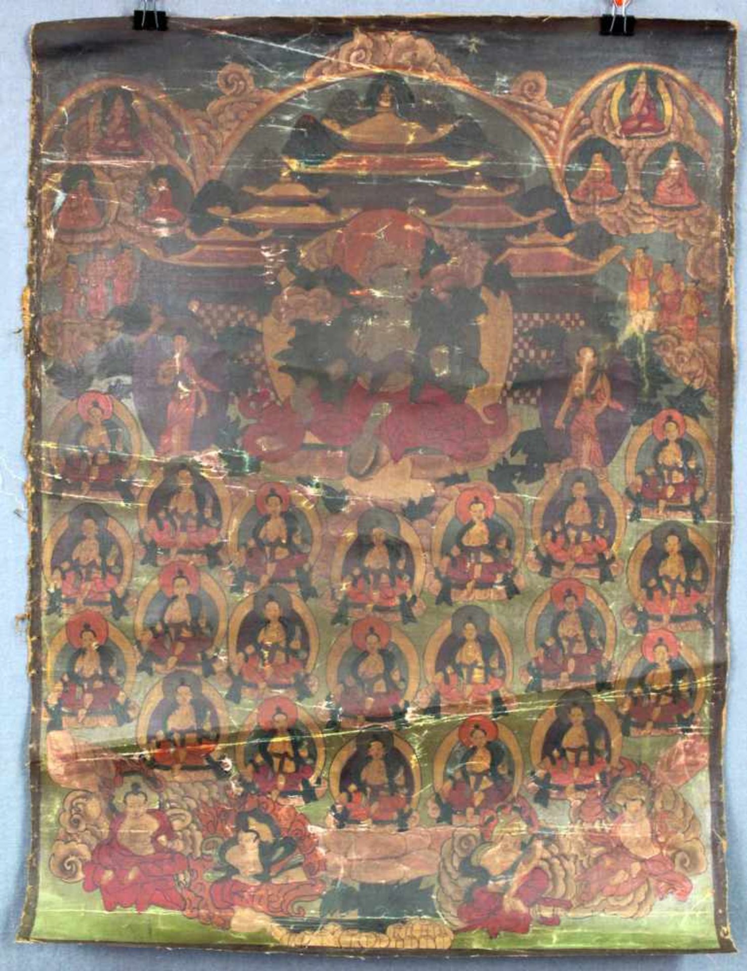 Amoghasiddhi Buddha ? Thangka, China / Tibet alt.60 cm x 44 cm. Gemälde.Amoghasiddhi Buddha ?