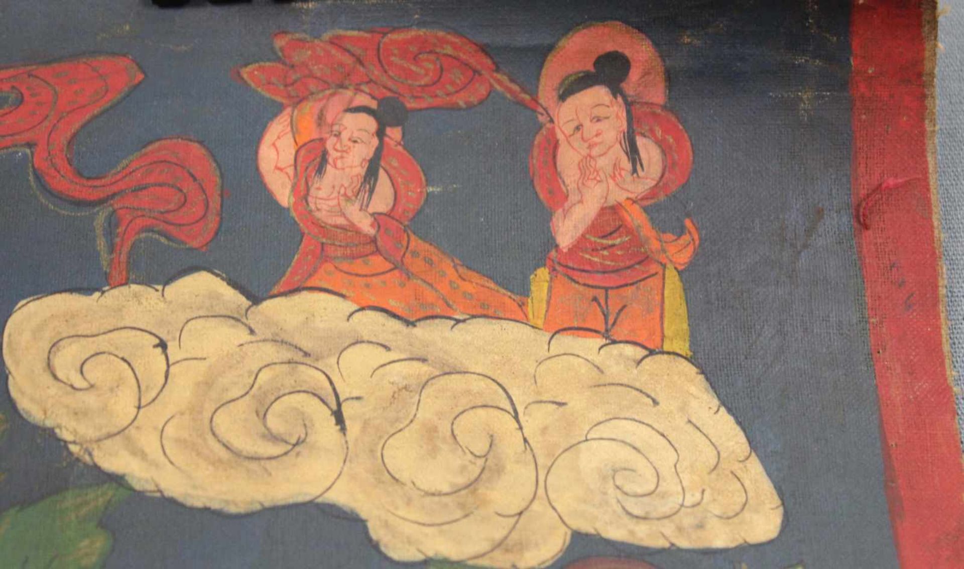 Buddha Mandala, China / Tibet alt.55,5 cm x 38 cm. Gemälde. Vor einer hügeligen Landschaft Buddha in - Bild 6 aus 8
