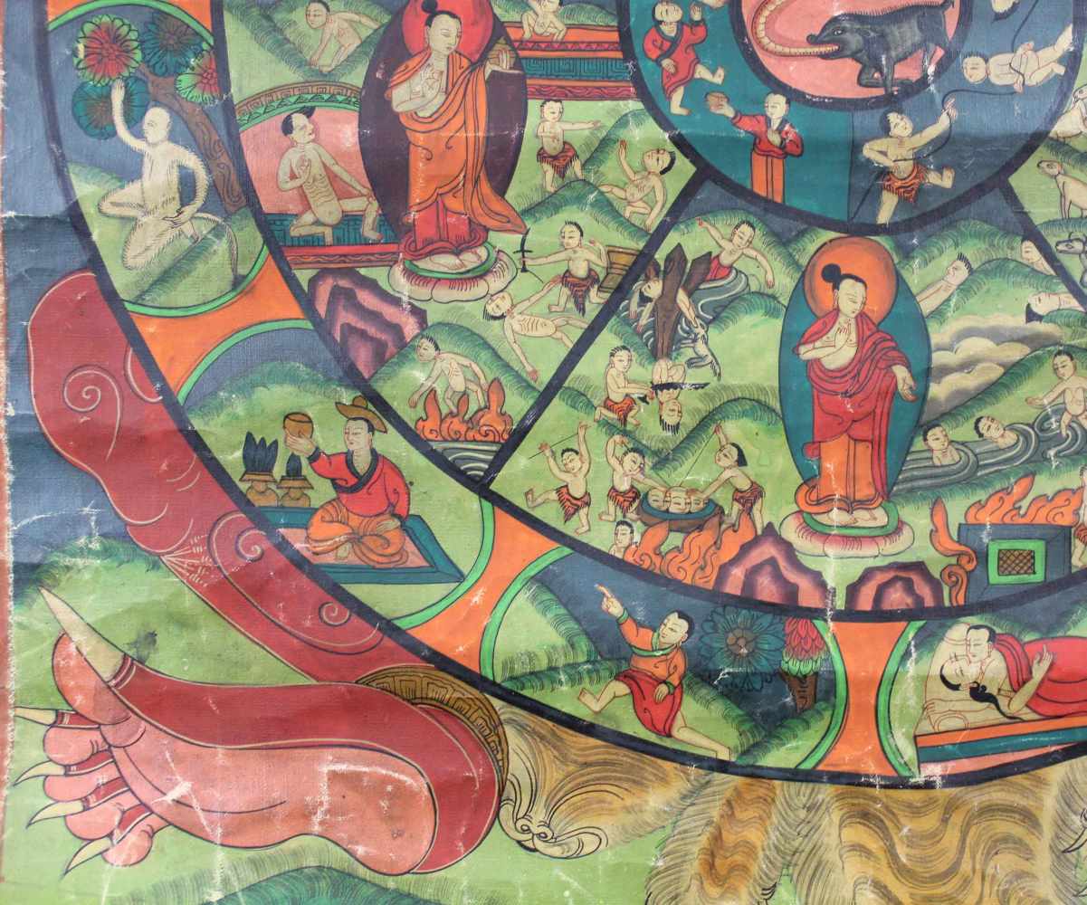 Bhavacakra, 6 Buddha Mandala, China / Tibet alt.61,5 cm x 45 cm. Gemälde. Lebensrad Mandala mit 6 - Image 6 of 8