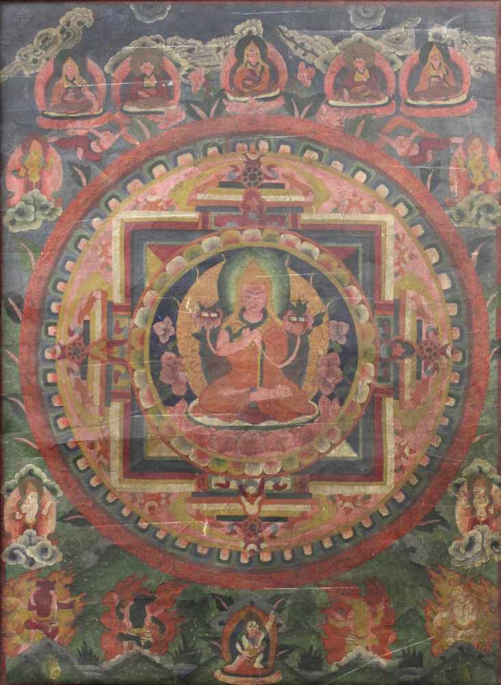 Buddha Mandala, China / Tibet alt. Der Äther in naturalistischem grün und grau.77 cm x 56 cm.