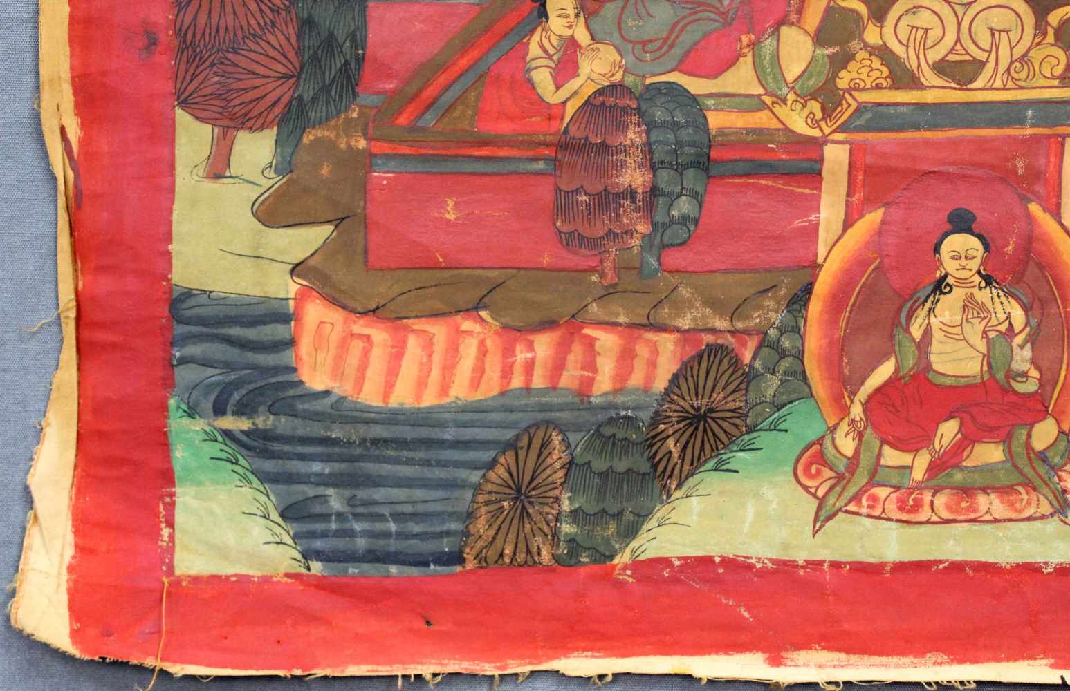 Buddha Thangka, sitzend vor Palast. China / Tibet alt.64 cm x 47 cm. Gemälde.Buddha Thangka, sitting - Image 2 of 9