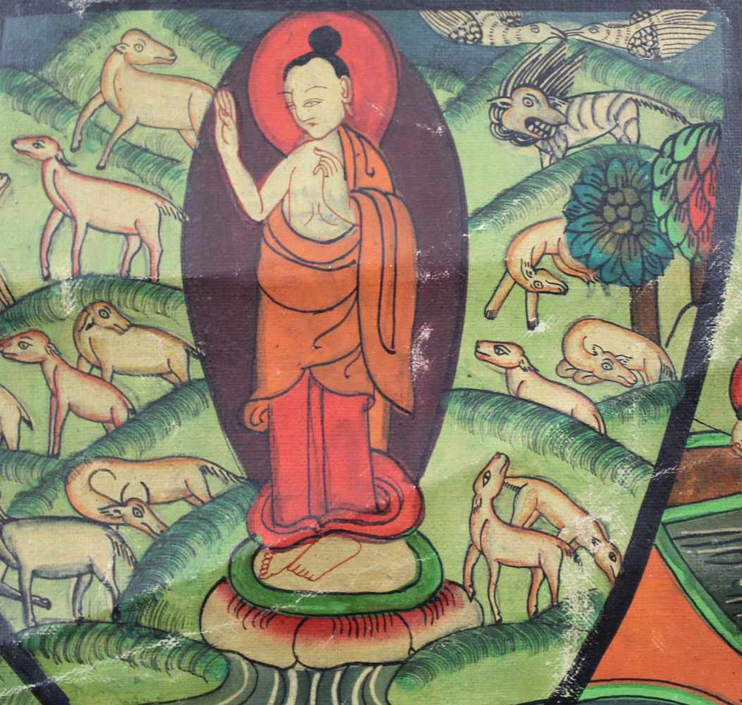 Bhavacakra, 6 Buddha Mandala, China / Tibet alt.61,5 cm x 45 cm. Gemälde. Lebensrad Mandala mit 6 - Image 3 of 8