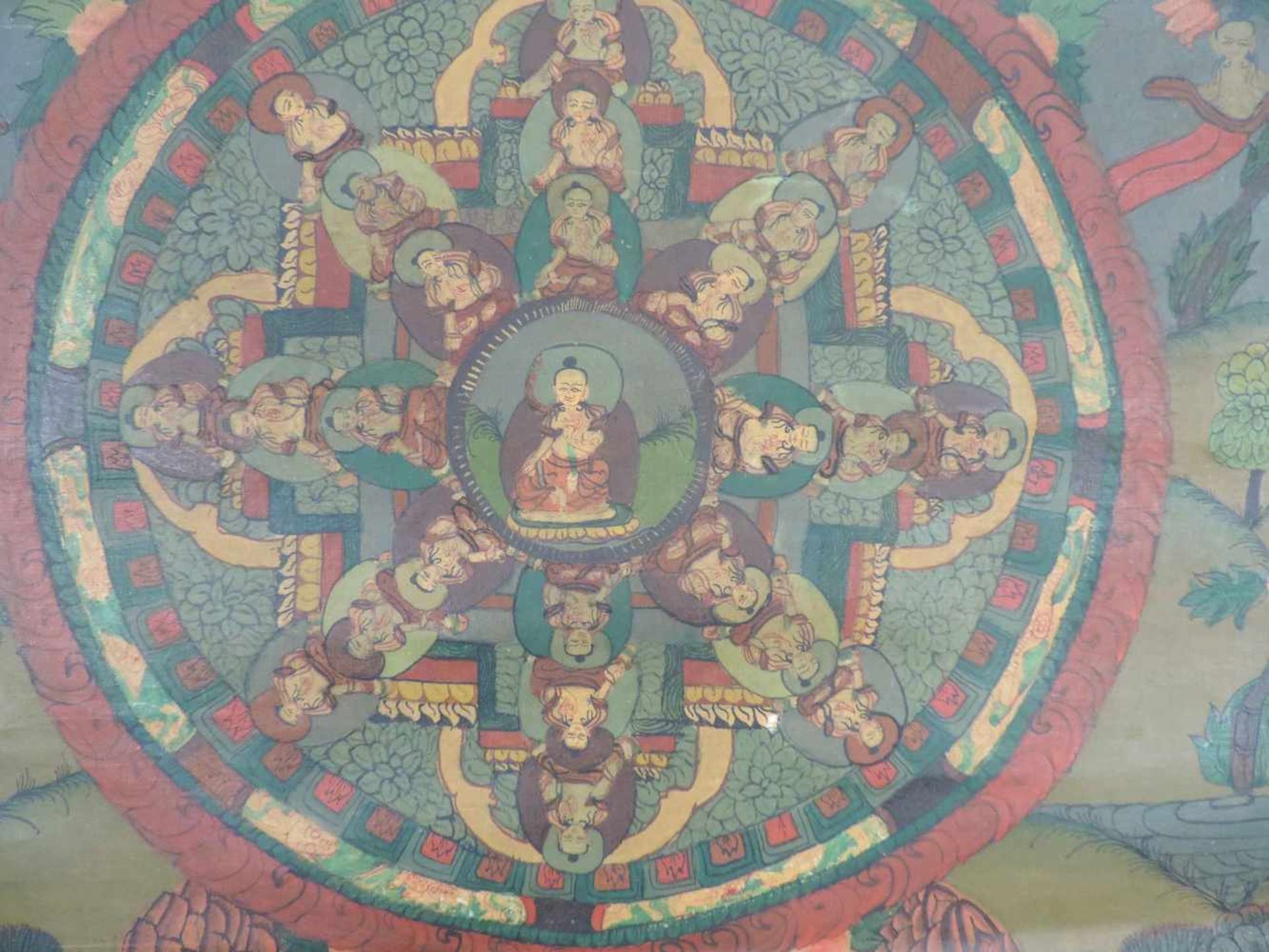 Buddha Thangka mit einer groben Aufteilung eines Mandala, China / Tibet alt.51,5 cm x 40 cm. - Image 2 of 6
