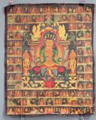 Bodhisattva Thangka, China / Tibet alt.54 cm x 42,5 cm. Gemälde. Umringt von 87 Begleitfiguren