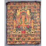 Bodhisattva Thangka, China / Tibet alt.54 cm x 42,5 cm. Gemälde. Umringt von 87 Begleitfiguren