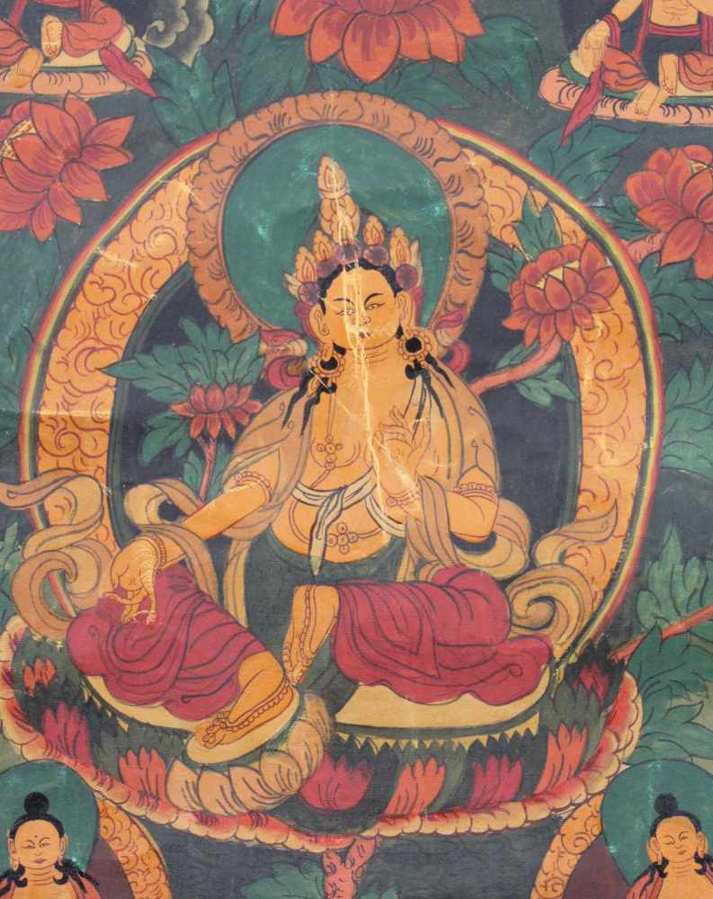 Gelbe Tara ? Thangka, China / Tibet alt.58 cm x 45 cm. Gemälde.Yellow Tara ? Thangka, China / - Image 3 of 10