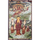 Buddha, Thangka, China / Tibet alt.68 cm x 40,5 cm. Gemälde. Auf Wolken herabsteigender Buddha aus