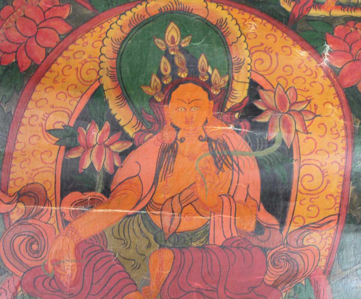 Gelbe Tara ? Auf Lotusthron. Thangka, China / Tibet alt.59 cm x 45 cm. Gemälde.Yellow Tara ? On a - Image 5 of 6