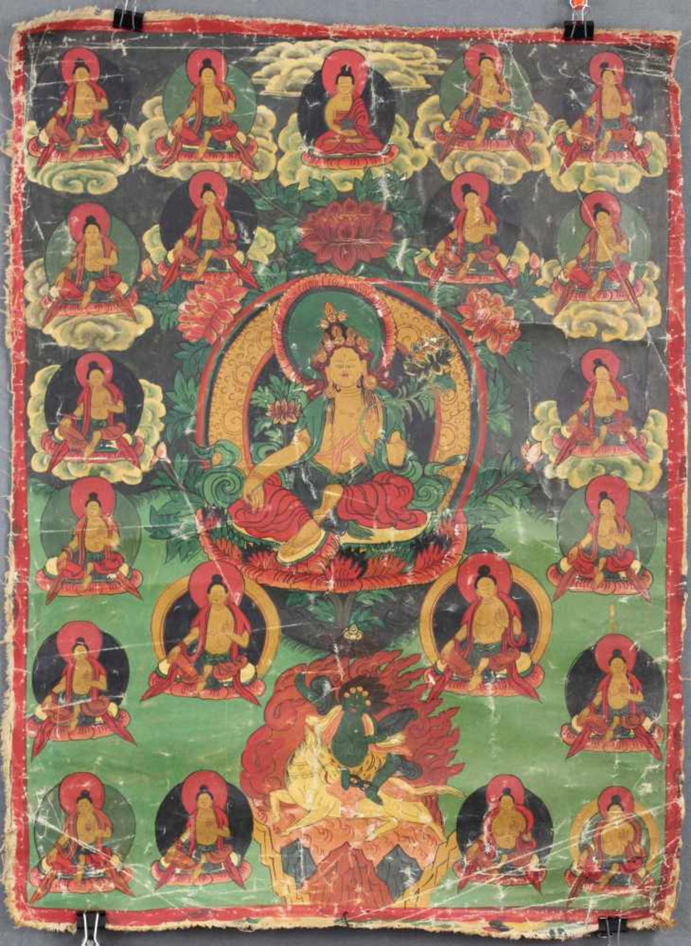 Thangka, China / Tibet alt. Darstellung einer Boddhisattva.60 cm x 44,5 cm. Gemälde.Thangka, China /