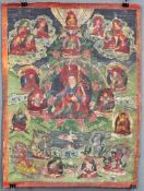 Guru Padmasambhava ? Thangka, China / Tibet alt.62 cm x 46 cm. Gemälde. Im Zentrum eine lamaistische