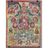 Guru Padmasambhava ? Thangka, China / Tibet alt.62 cm x 46 cm. Gemälde. Im Zentrum eine lamaistische