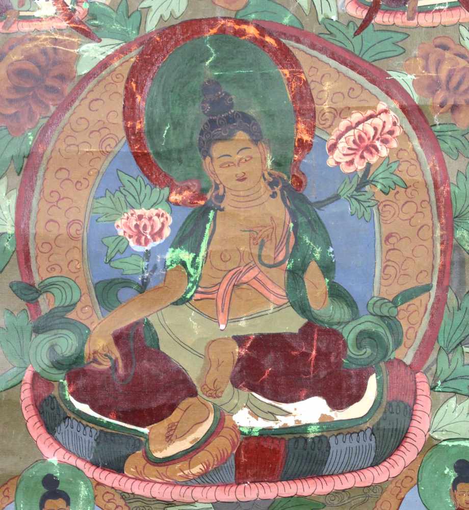 Grüne Tara af Lotusthron. Thangka, China / Tibet alt.60 cm x 46,5 cm. Gemälde. Begleitet wird die - Image 4 of 8