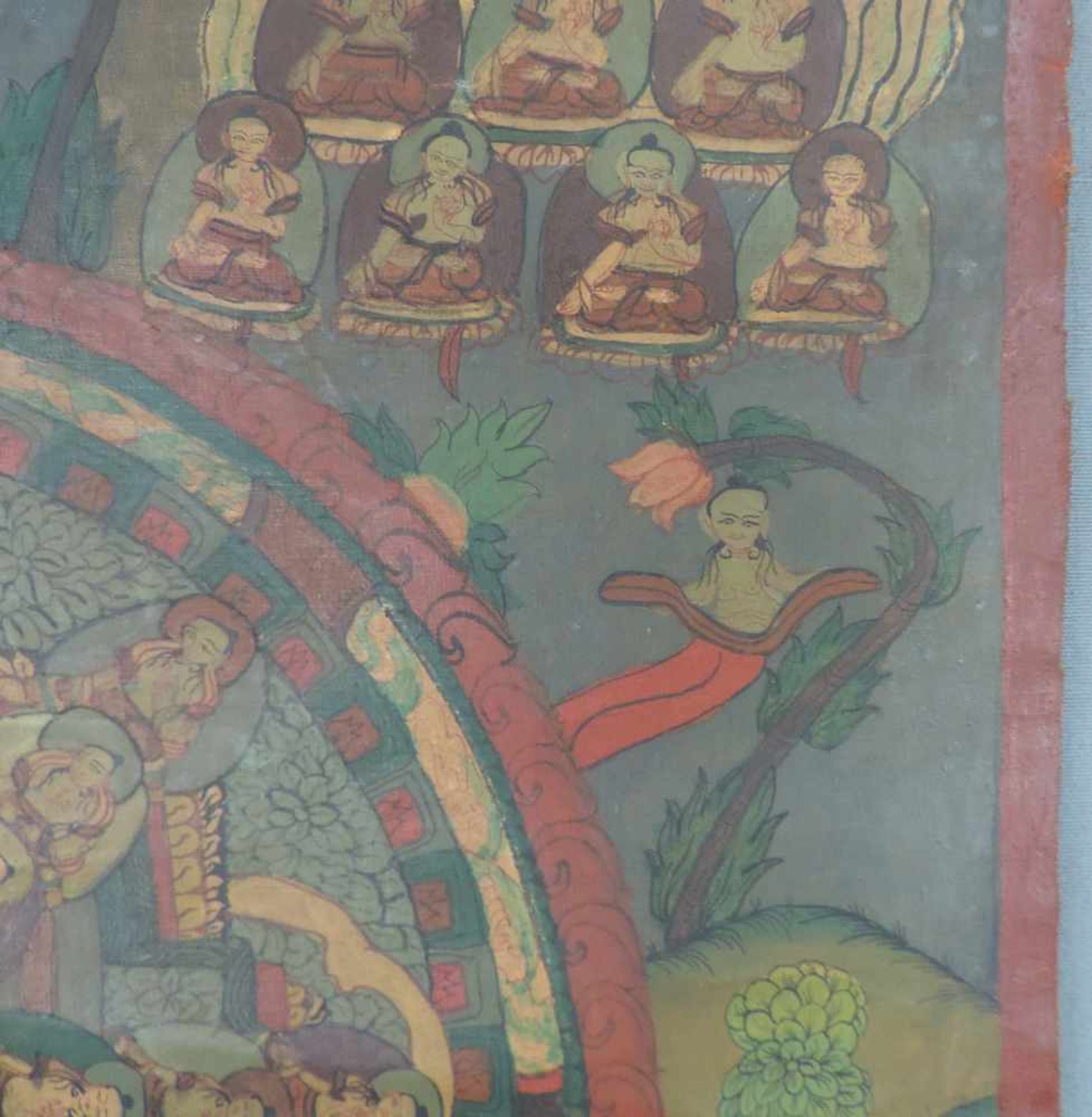 Buddha Thangka mit einer groben Aufteilung eines Mandala, China / Tibet alt.51,5 cm x 40 cm. - Image 4 of 6