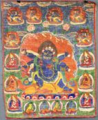 Thangka, China / Tibet alt. Wohl Caturbhuja - Mahakala ?80,5 cm x 63 cm. Gemälde. Vor Flammenaureole