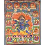 Thangka, China / Tibet alt. Wohl Caturbhuja - Mahakala ?80,5 cm x 63 cm. Gemälde. Vor Flammenaureole