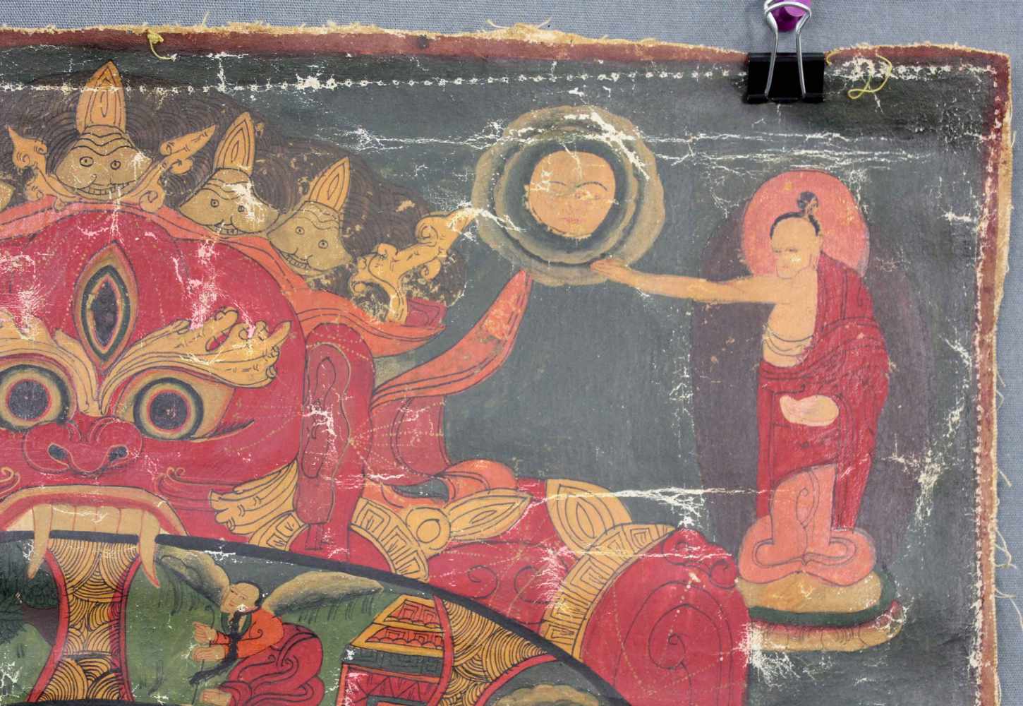Bhavacakra Mandala, China / Tibet alt.62 cm x 45,5 cm. Gemälde. Lebensrad Mandala mit 6 Buddhas. - Image 2 of 11