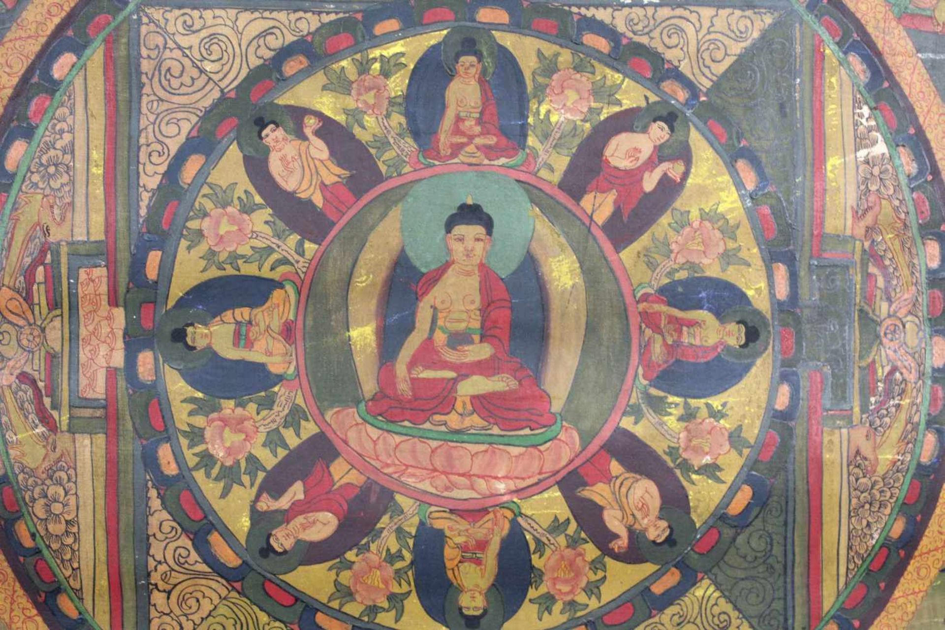 Buddha Mandala, China / Tibet alt.54,5 cm x 46 cm. Gemälde. Stilisierter äußerer Ring. - Image 7 of 11
