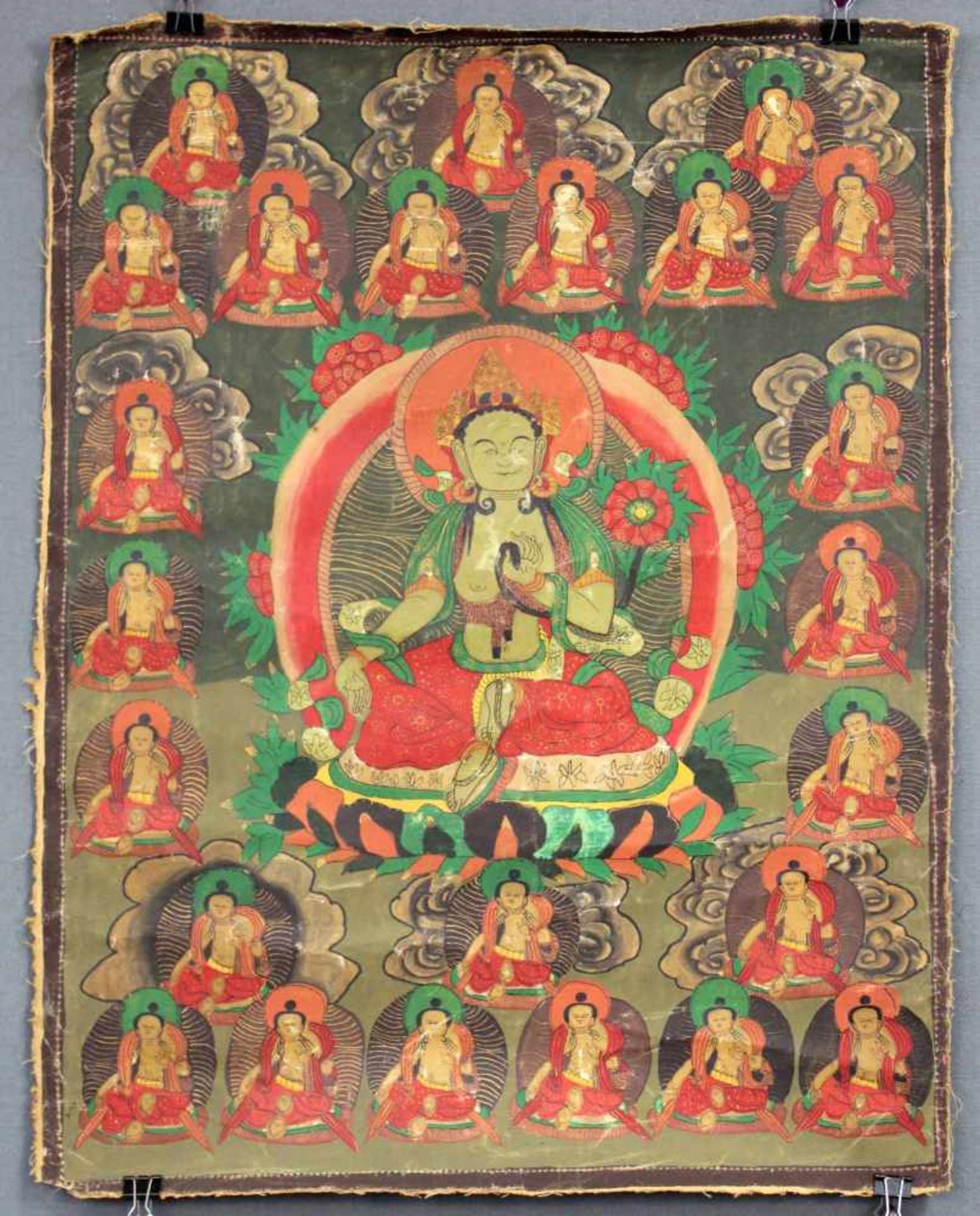 Thangka, Darstellung der Gattin von Amoghasiddhi Grüne Tara, China / Tibet alt.62 cm x 47 cm.