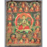 Thangka, Darstellung der Gattin von Amoghasiddhi Grüne Tara, China / Tibet alt.62 cm x 47 cm.