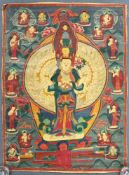 Thangka, China / Tibet alt. Darstellung der Avalokiteshvara.68,5 cm x 50,5 cm. Gemälde. Bodhitsattva