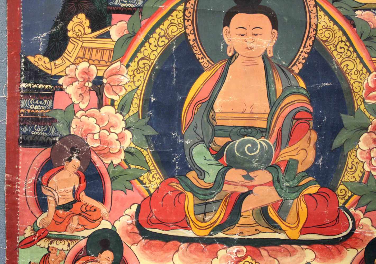 Thangka, China / Tibet alt. Buddha sitzend auf Lotusthron.62,5 cm x 43 cm. Gemälde.Thangka, - Image 6 of 10