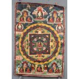 Weißer Buddha Mandala, China / Tibet alt.63,5 cm x 44 cm. Gemälde. Ein vielfigüriges Mandala mit