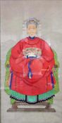 Ahnenbild einer Beamtenfrau. China.111 cm x 57 cm. Aquarell / Guache auf Papier, gemalt.Ancestral