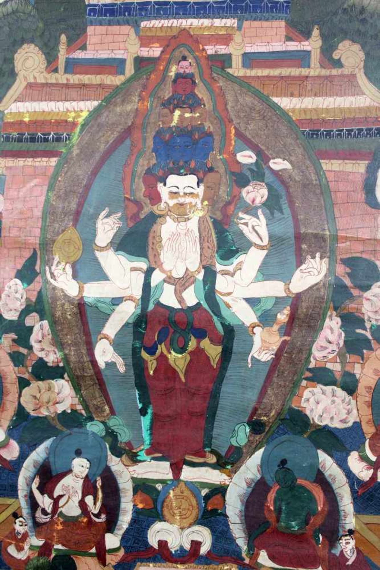 Weiße Avalokiteshvara Thangka, China / Tibet alt.60 cm x 42 cm. Gemälde. Auf erhötem Lotusthron - Bild 9 aus 10