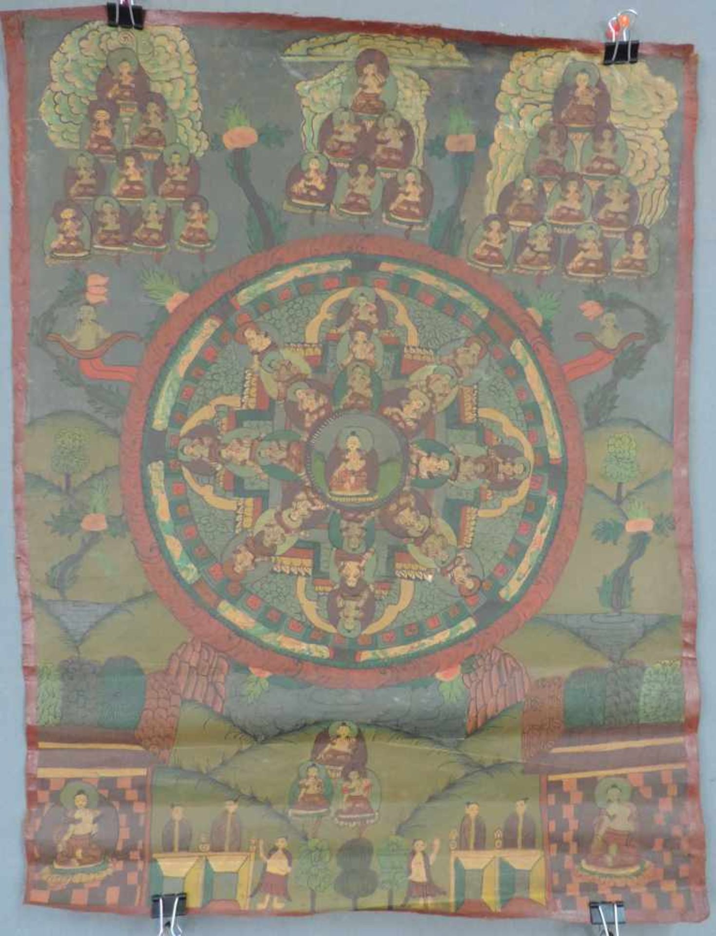 Buddha Thangka mit einer groben Aufteilung eines Mandala, China / Tibet alt.51,5 cm x 40 cm.