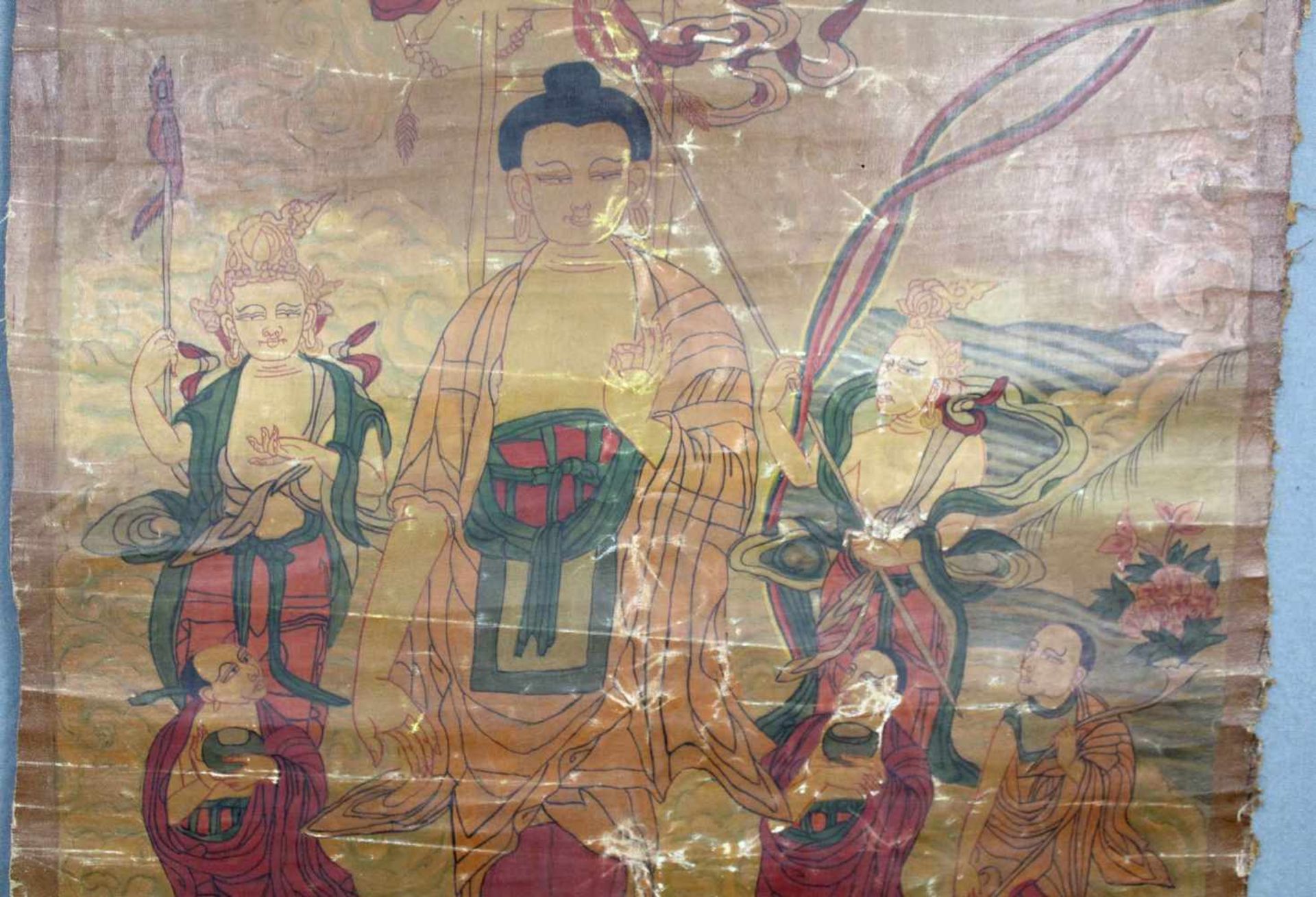 Buddha Thangka, ''Abstieg des Buddhas aus dem Himmel", China / Tibet alt.69 cm x 42 cm. Gemälde. - Bild 3 aus 5