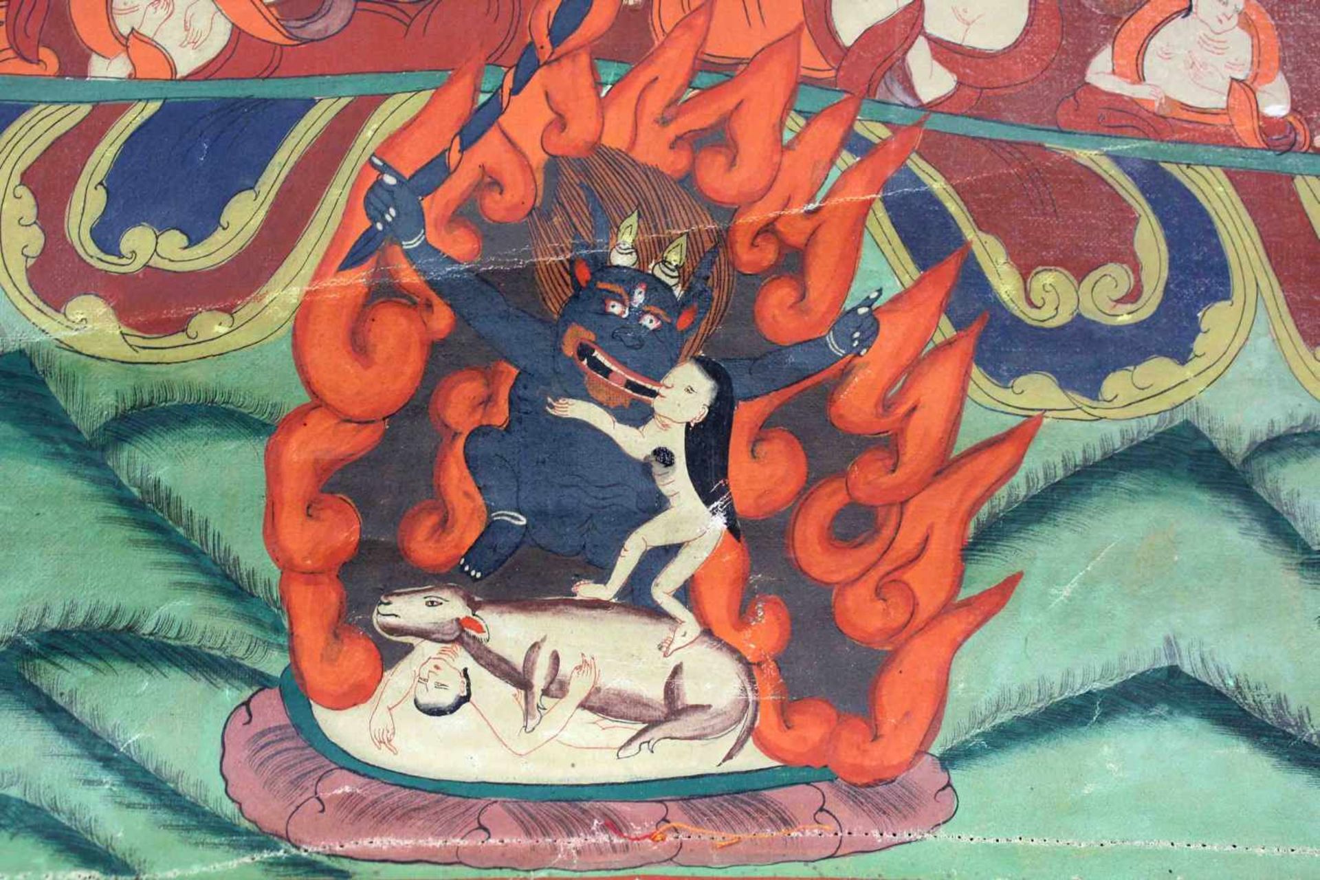 Yama Thangka, wohl Darstellung des Che-mchog yon- tan - gyi lha.66 cm x 45 cm. Gemälde. Thangka, - Bild 4 aus 7