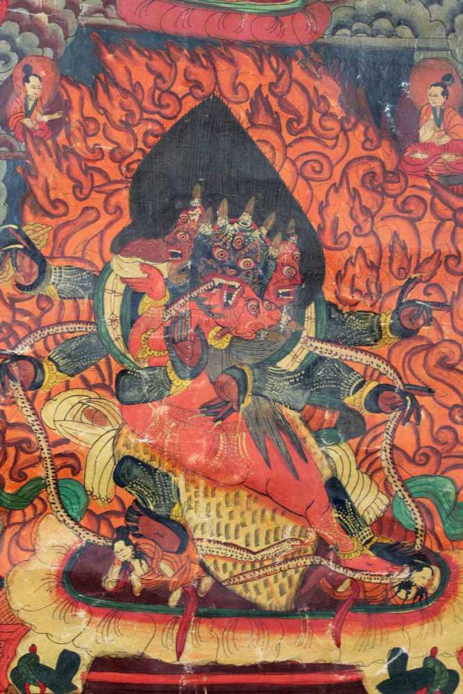 Mahakala Thangka, China / Tibet alt. Wohl Yama ?63 cm x 46 cm. Gemälde.Mahakala Thangka, China / - Image 5 of 8