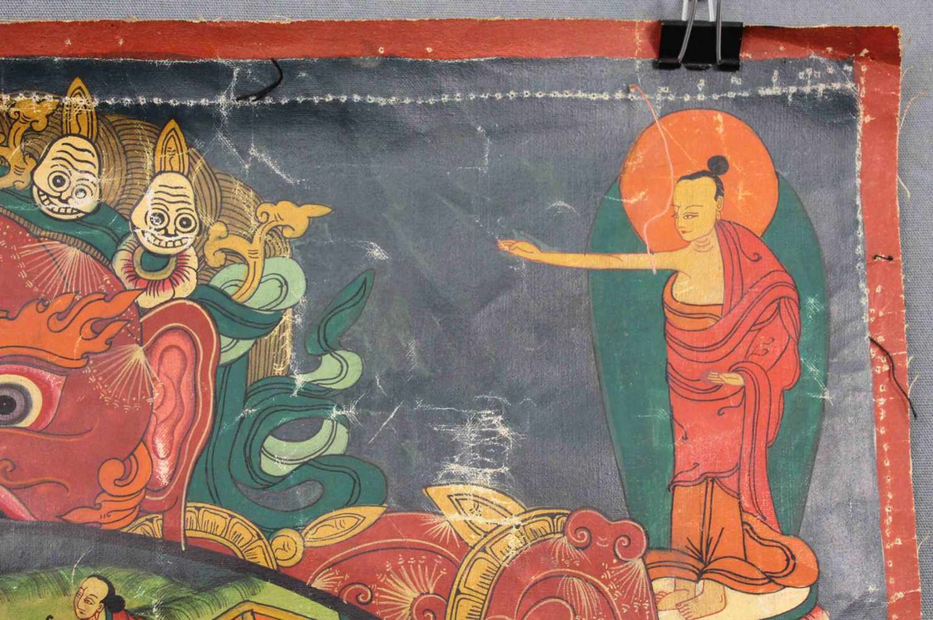 Bhavacakra Mandala, China / Tibet alt.59 cm x 44 cm. Gemälde. Lebensrad Mandala mit 6 Buddhas. Im - Image 9 of 11