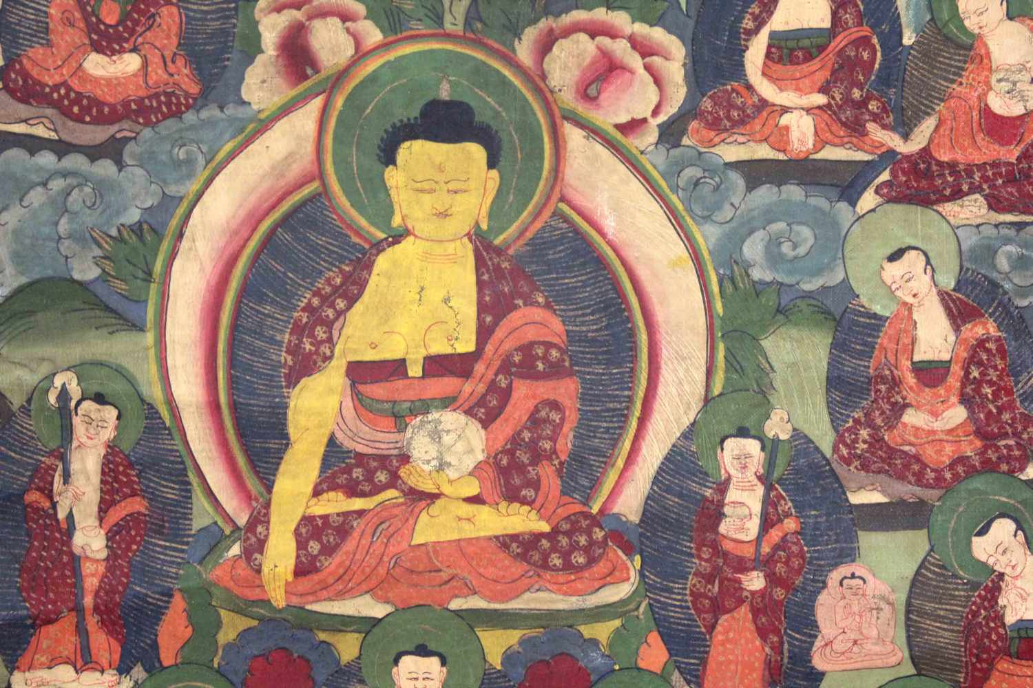 Shakyamuni Buddha, Thangka, China / Tibet alt.50,5 cm x 37,5 cm. Gemälde. Umringt von seinen - Image 5 of 6