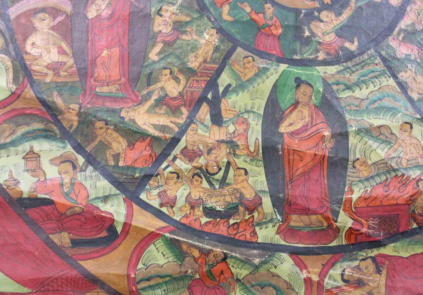 Bhavacakra Thangka, China / Tibet alt.60 cm x 46,5 cm. Gemälde. Lebensrad Mandala mit 6 Buddhas. - Image 4 of 7