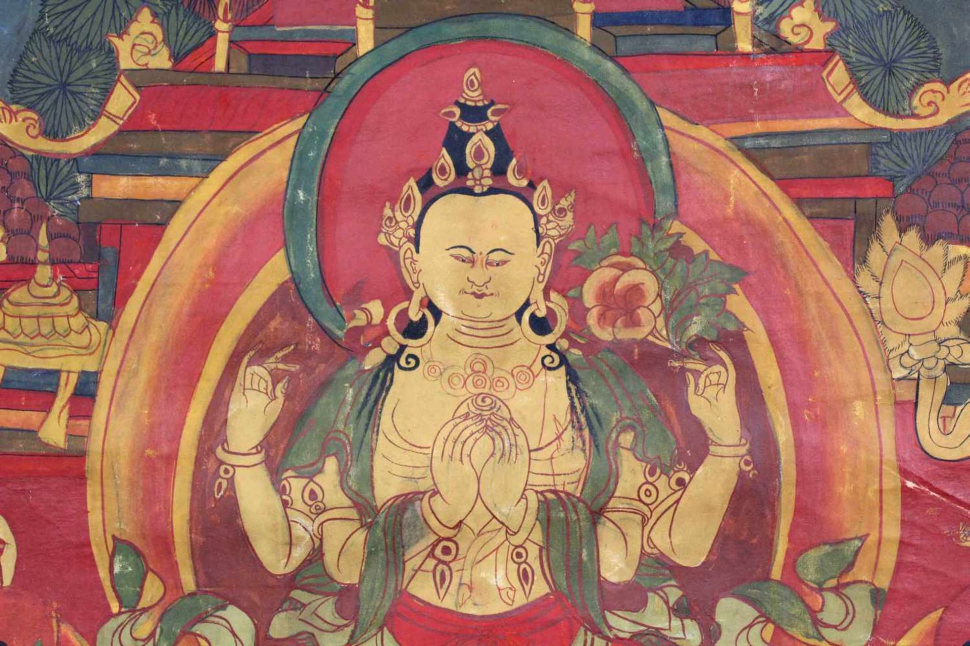 Buddha Thangka, sitzend vor Palast. China / Tibet alt.64 cm x 47 cm. Gemälde.Buddha Thangka, sitting - Image 5 of 9