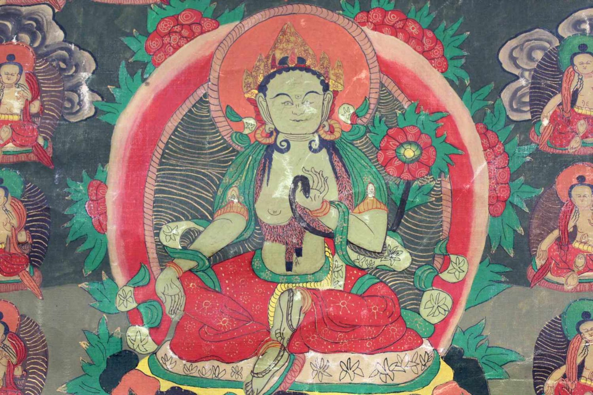 Thangka, Darstellung der Gattin von Amoghasiddhi Grüne Tara, China / Tibet alt.62 cm x 47 cm. - Bild 6 aus 9