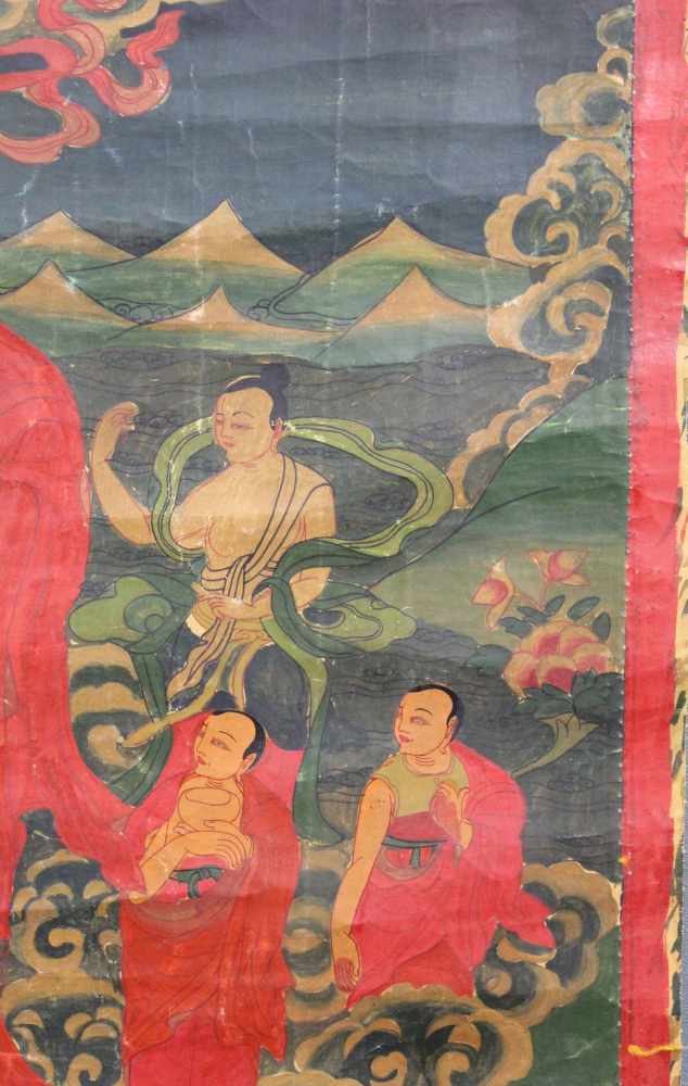 Buddha, Thangka, China / Tibet alt. ''Abstieg aus dem Himmel''.69 cm x 42 cm. Gemälde. Auf Wolken - Image 6 of 9