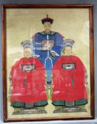 Ahnenbild. Ein Beamter und zwei Frauen. China.120 cm x 92 cm. Aquarell / Guache auf Papier, gemalt.