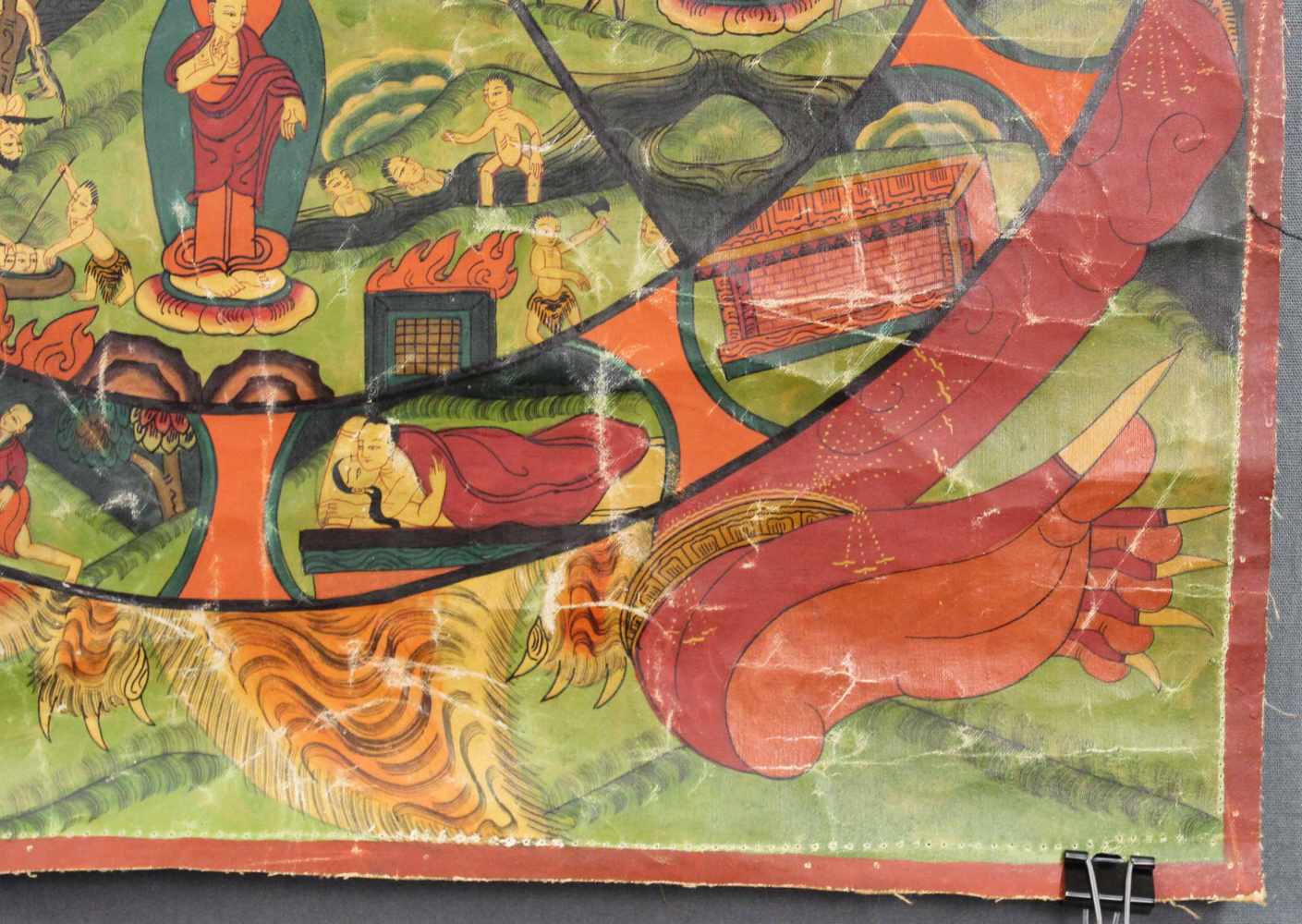 Bhavacakra Mandala / Thangka, China / Tibet alt.59 cm x 45 cm. Gemälde. Lebensrad Mandala mit 6 - Image 5 of 7