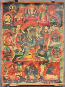 Thangka, China / Tibet alt. Wohl Vajrakila mit Dakini ?59,5 cm x 44,5 cm. Gemälde. Stehend auf