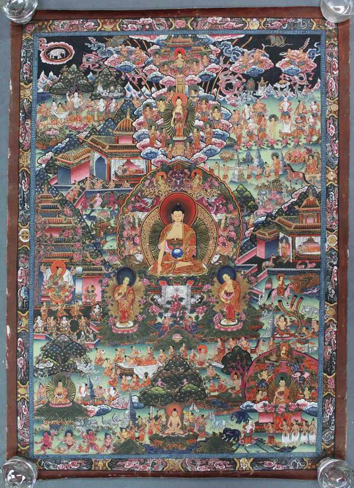 Buddha Thangka, wohl Darstellung des Guru Sakyasimha. China / Tibet alt.75 cm x 50 cm. Gemälde.