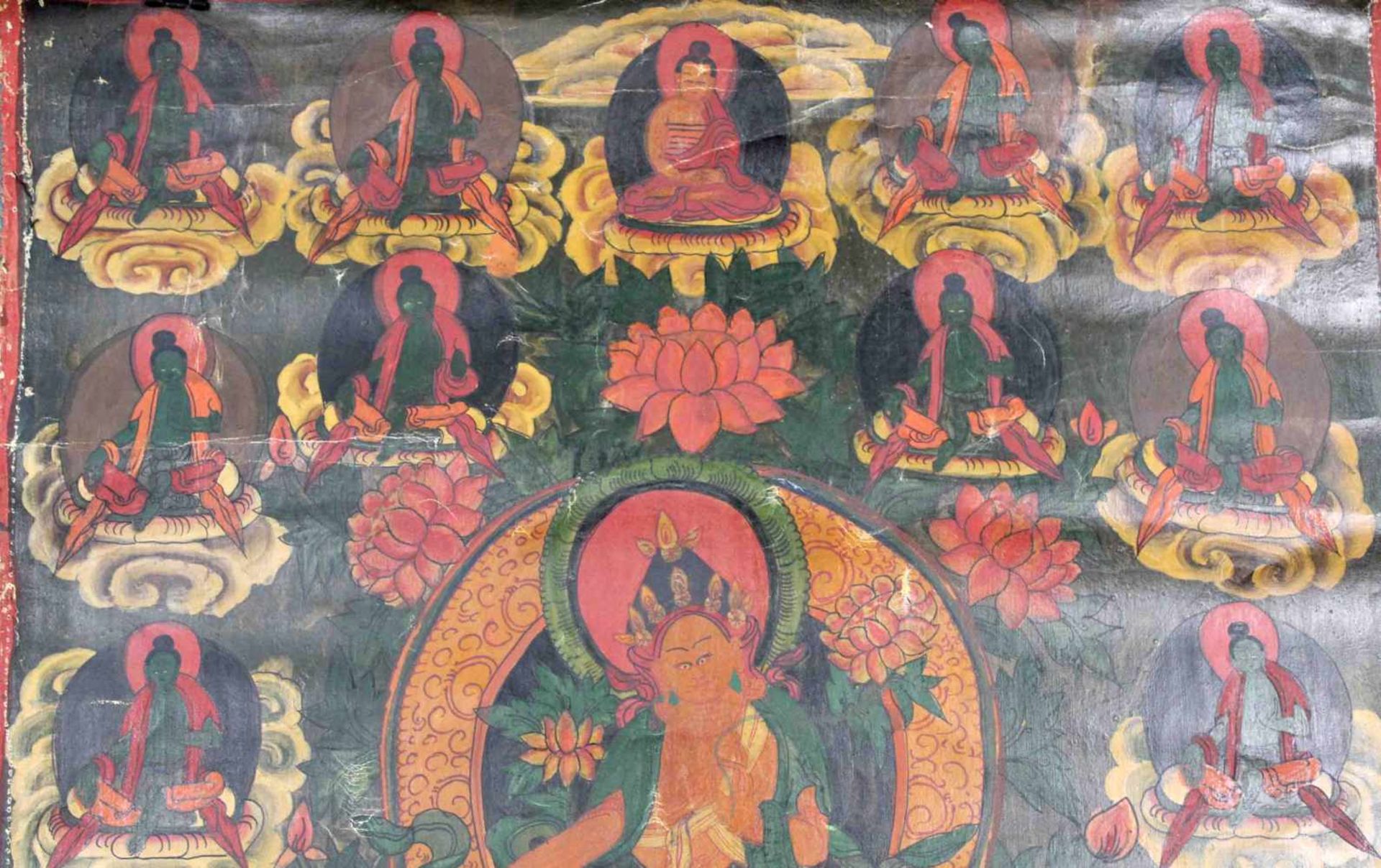 Tara auf Lotusthron. Thangka, China / Tibet alt.58 cm x 44,5 cm. Gemälde. Dargestellt, wie bei der - Image 3 of 4