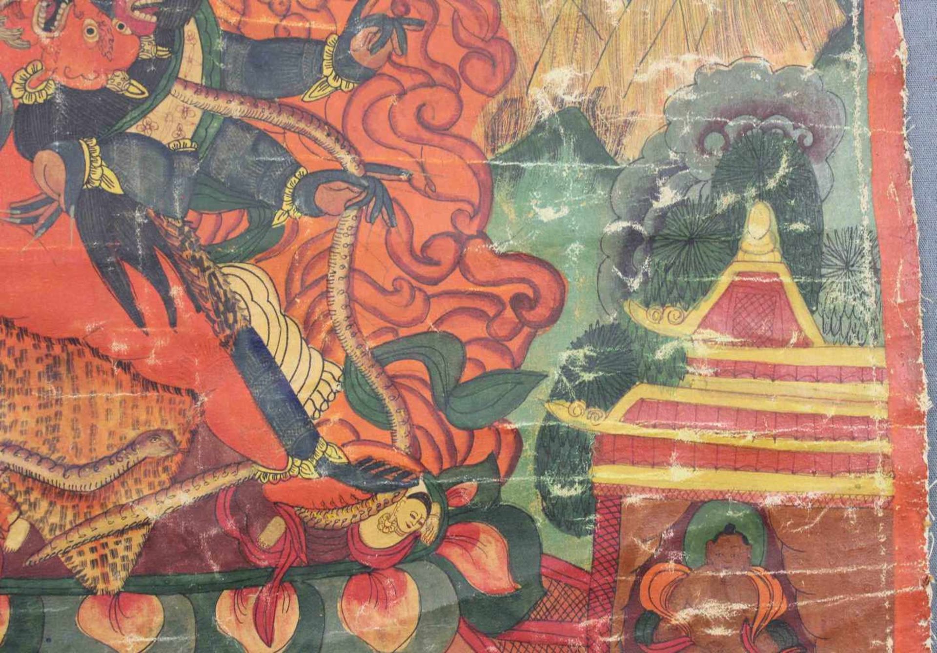 Thangka, China / Tibet alt. Wohl 6- armiger Mahakala.61,5 cm x 47 cm. Gemälde. Der Mahakala - Image 5 of 9